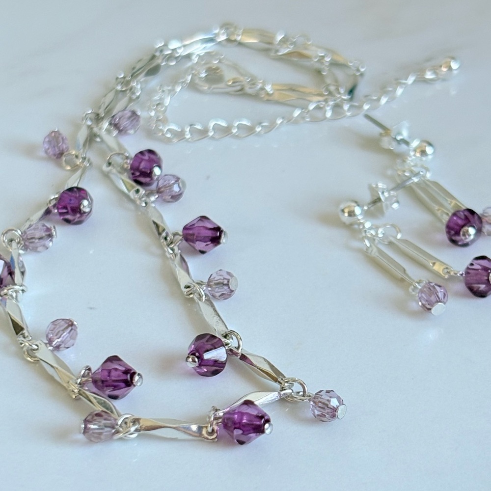 Y2K Avon Amethyst Lilac Faceted Bead Set Sculpted Silver Necklace Earrings NIB